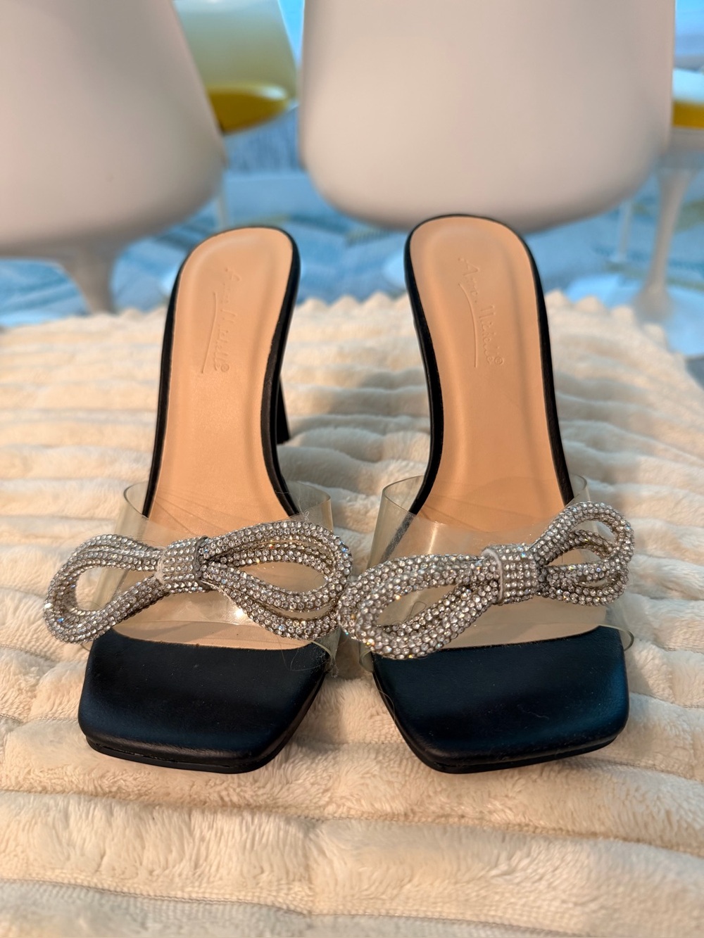Ann Michell Black Slide Heels with Crystal Bow Accents